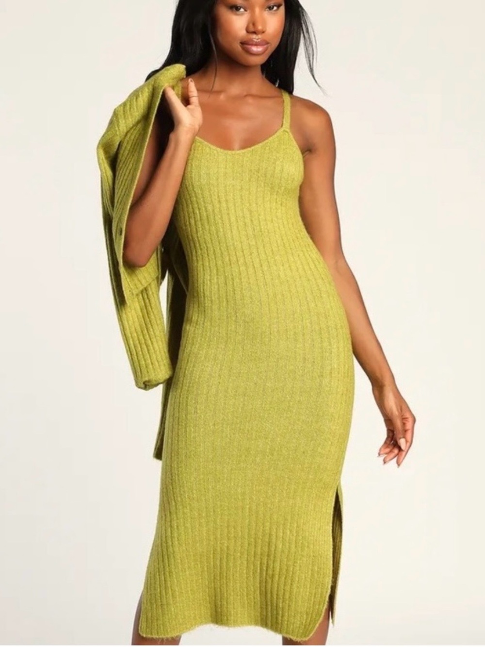 Lulus Iconic Duo Lime Green Ribbed Knit Slip Dress with Matching Cardigan